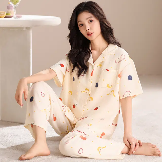 卡绚 云朵纯棉翻领短袖短裤长裤三件套甜美家居服睡衣套装 女款