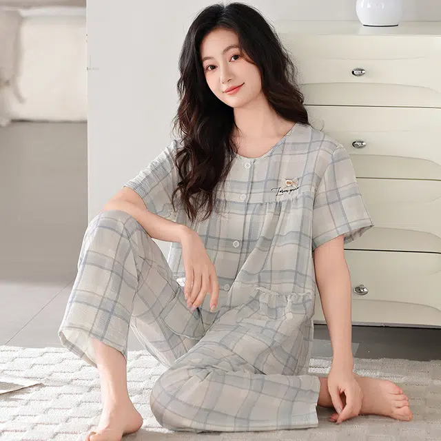 卡绚 简约短袖长裤大码休闲舒适家居服睡衣套装 女款