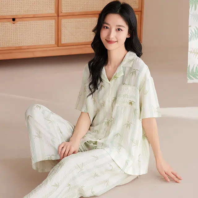 卡绚 翻领短袖短裤长裤三件套甜美休闲舒适休闲家居服可外穿夏季睡衣套装 女款