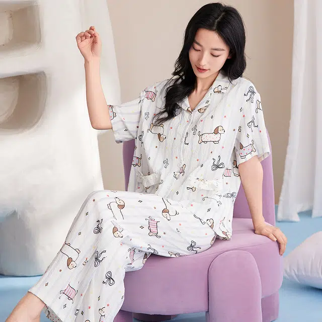 卡绚 翻领短袖甜美休闲舒适家居服可外穿睡衣套装 女款