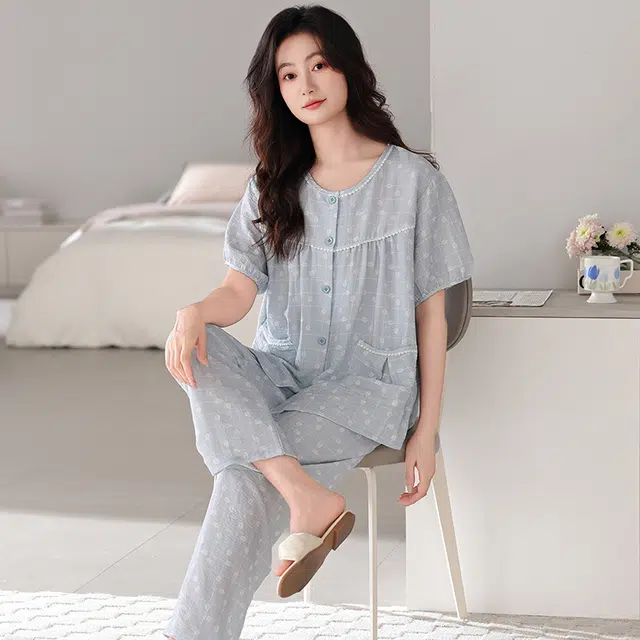 卡绚 休闲简约短袖长裤家居服大码可外穿睡衣套装 女款