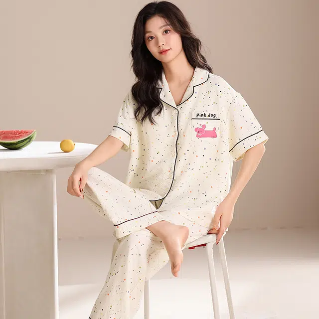 卡绚 翻领短袖短裤长裤三件套甜美卡通休闲舒适家居服夏季睡衣套装 女款