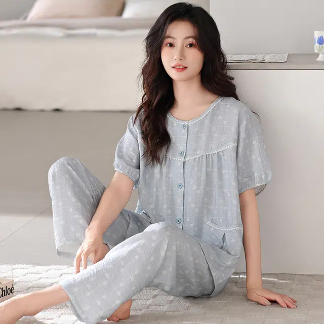 卡绚 休闲简约短袖长裤家居服大码可外穿睡衣套装 女款