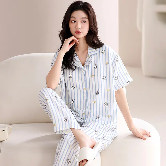 卡绚 薄款带胸垫三件套短袖长裤甜美风可爱家居服夏季睡衣套装 女款