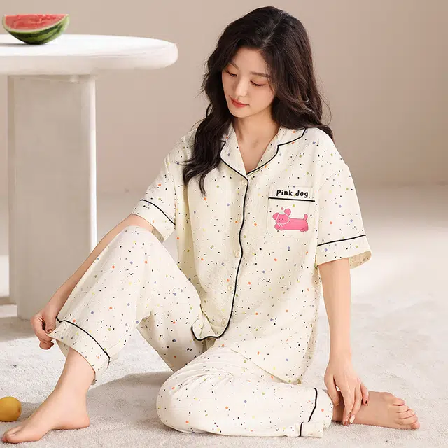 卡绚 翻领短袖短裤长裤三件套甜美卡通休闲舒适家居服夏季睡衣套装 女款