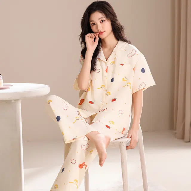 卡绚 云朵纯棉翻领短袖短裤长裤三件套甜美家居服睡衣套装 女款