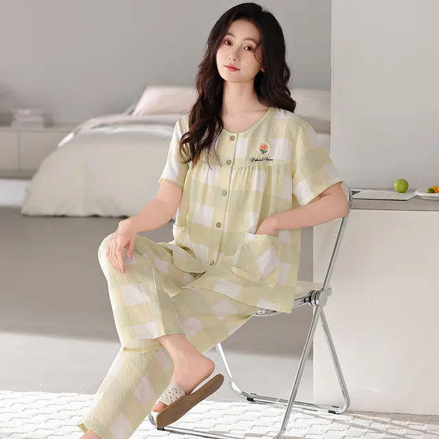 卡绚 简约短袖长裤大码休闲舒适家居服可外穿睡衣套装 女款