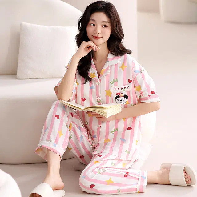卡绚 带胸垫三件套薄款短袖长裤甜美风可爱家居服夏季睡衣套装 女款