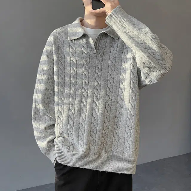 悍戈 美式韩系复古慵懒风纯色麻花翻领宽松百搭面料舒适可内搭外穿适合通勤休闲等多种场景针织衫 男女同款