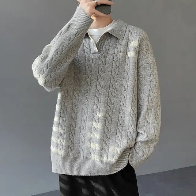 悍戈 美式韩系复古慵懒风纯色麻花翻领宽松百搭面料舒适可内搭外穿适合通勤休闲等多种场景针织衫 男女同款