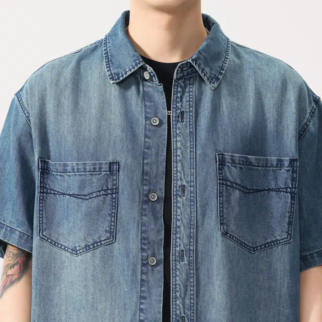 巴塞罗那足球俱乐部 水洗牛仔美式复古宽松潮牌复古做旧短袖衬衫 男女同款 蓝色
