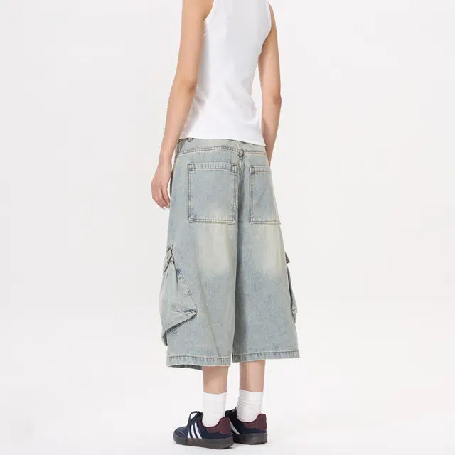 巴塞罗那足球俱乐部 美式复古高街通勤七分裤漂染磨白做旧水洗宽松休闲工装拼接牛仔短裤 男女同款 怀旧蓝