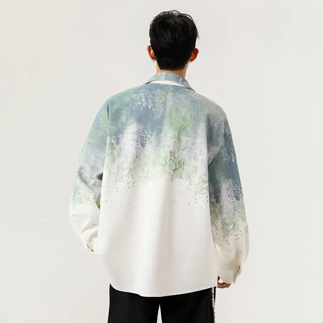 微牛 美式复古渐变扎染潮流百搭宽松休闲长袖外套衬衫 男款