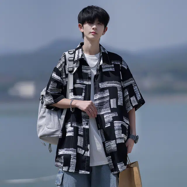 拾个壹先生 港风宽松潮牌半袖短袖衬衣休闲翻领上衣外套衬衫 男女同款