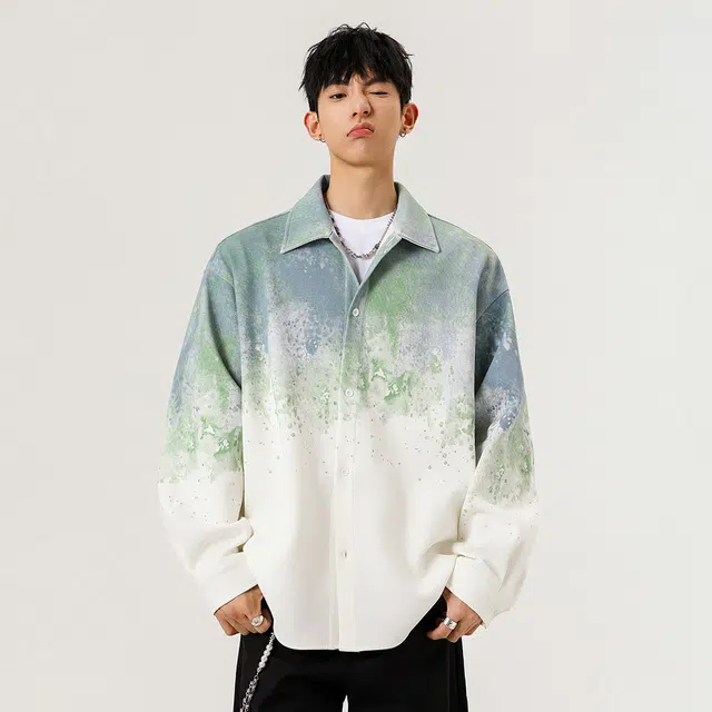 微牛 美式复古渐变扎染潮流百搭宽松休闲长袖外套衬衫 男款