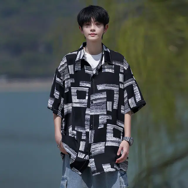 拾个壹先生 港风宽松潮牌半袖短袖衬衣休闲翻领上衣外套衬衫 男女同款