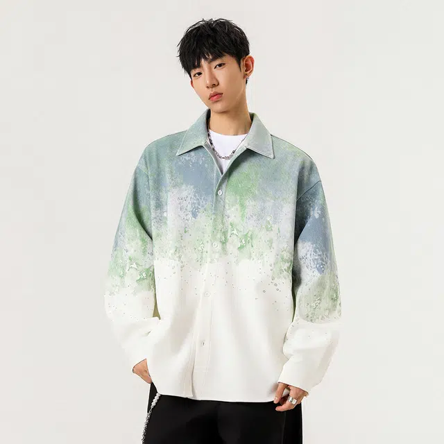 微牛 美式复古渐变扎染潮流百搭宽松休闲长袖外套衬衫 男款