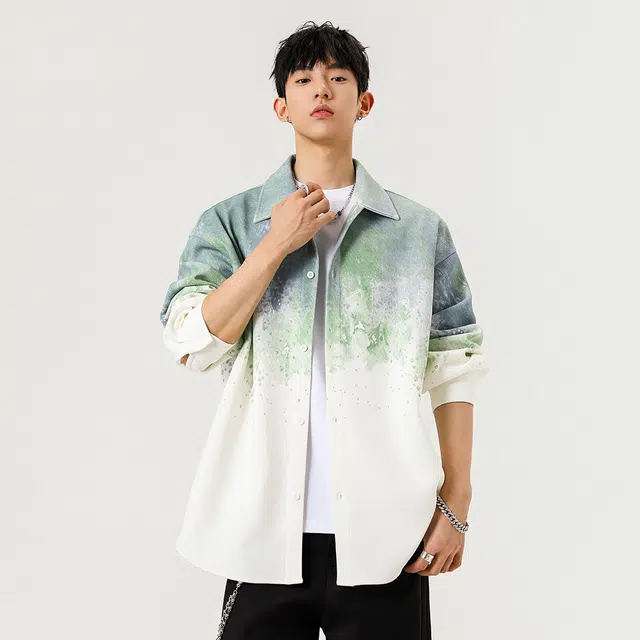微牛 美式复古渐变扎染潮流百搭宽松休闲长袖外套衬衫 男款