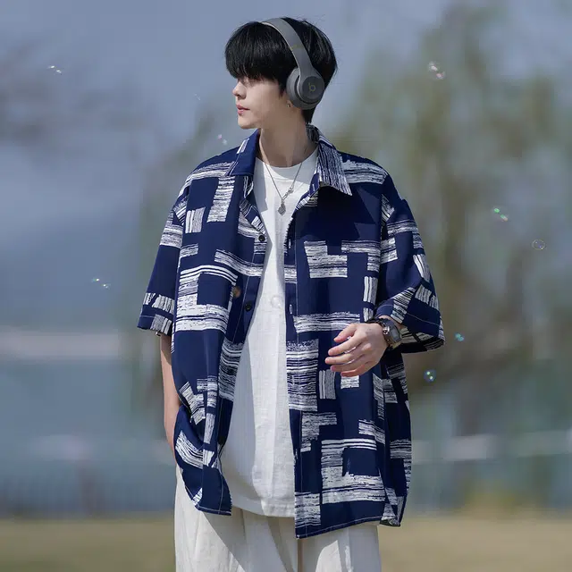 拾个壹先生 港风宽松潮牌半袖短袖衬衣休闲翻领上衣外套衬衫 男女同款