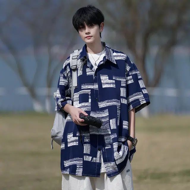 拾个壹先生 港风宽松潮牌半袖短袖衬衣休闲翻领上衣外套衬衫 男女同款