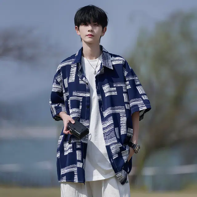 拾个壹先生 港风宽松潮牌半袖短袖衬衣休闲翻领上衣外套衬衫 男女同款