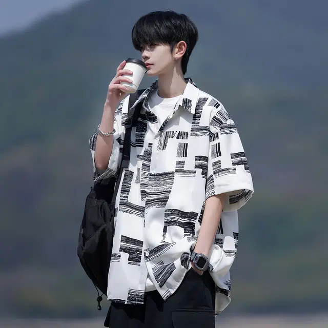 拾个壹先生 港风宽松潮牌半袖短袖衬衣休闲翻领上衣外套衬衫 男女同款