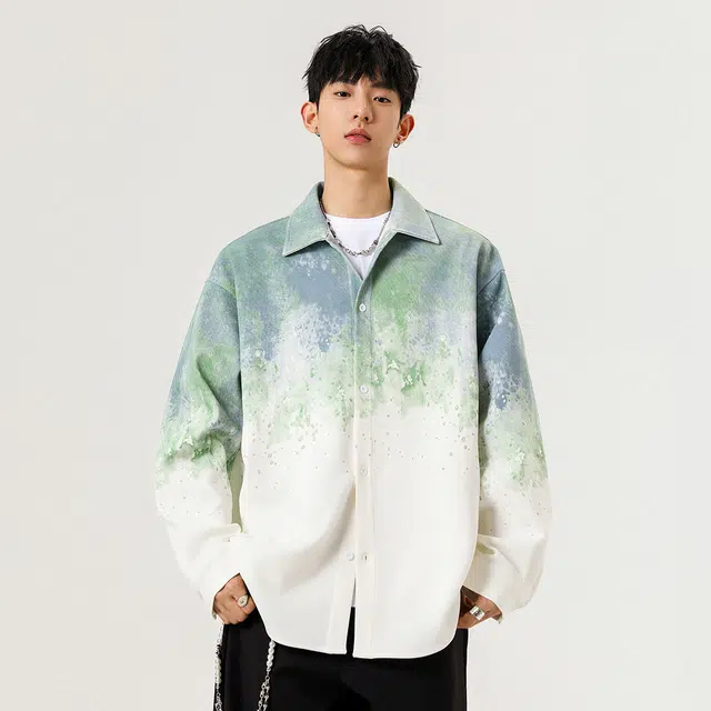 微牛 美式复古渐变扎染潮流百搭宽松休闲长袖外套衬衫 男款