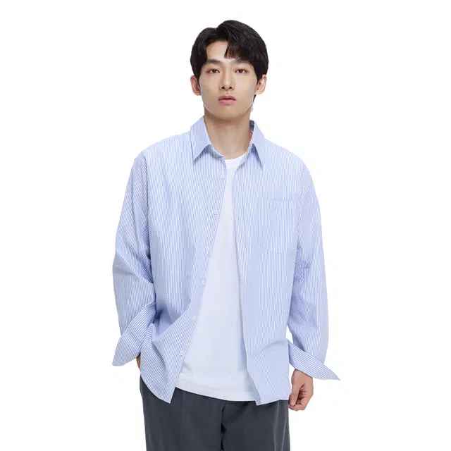 棉的美学 条纹清爽通勤穿搭宽松长袖开衫外套衬衫 男女同款