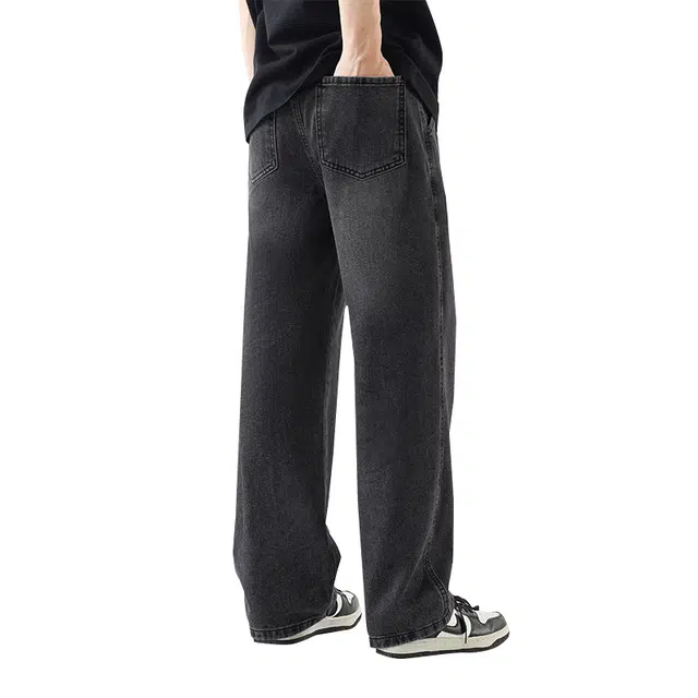 棉的美学 美式高街水洗做旧休闲宽松百搭直筒松紧系带中腰长裤牛仔裤 男女同款
