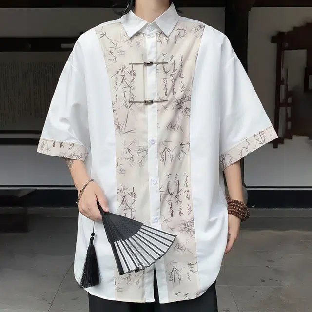 雅鹿 新中式国潮复古水墨画拼接竹叶透气冰感别针纽扣宽松休闲翻领短袖衬衫 男女同款
