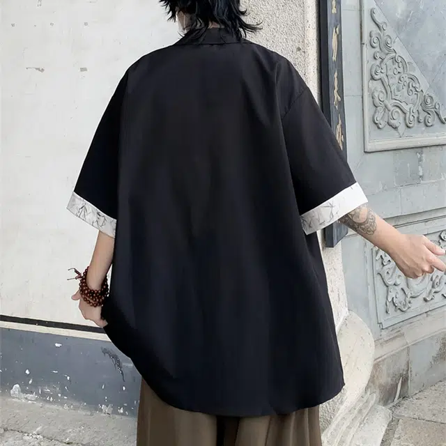 雅鹿 新中式国潮复古水墨画拼接竹叶透气冰感别针纽扣宽松休闲翻领短袖衬衫 男女同款