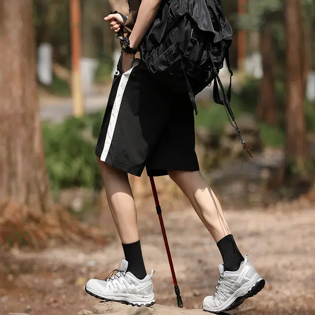 雅鹿 美式侧边条纹简约基础款宽松中腰系带五分休闲短裤 男女同款