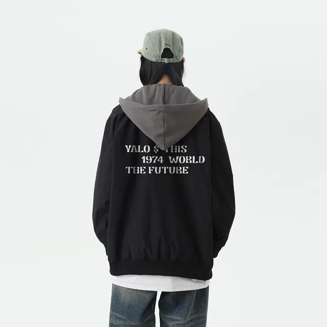 雅鹿 美式基础简约字母印花宽松休闲拼接工装假两件连帽夹克外套 男女同款