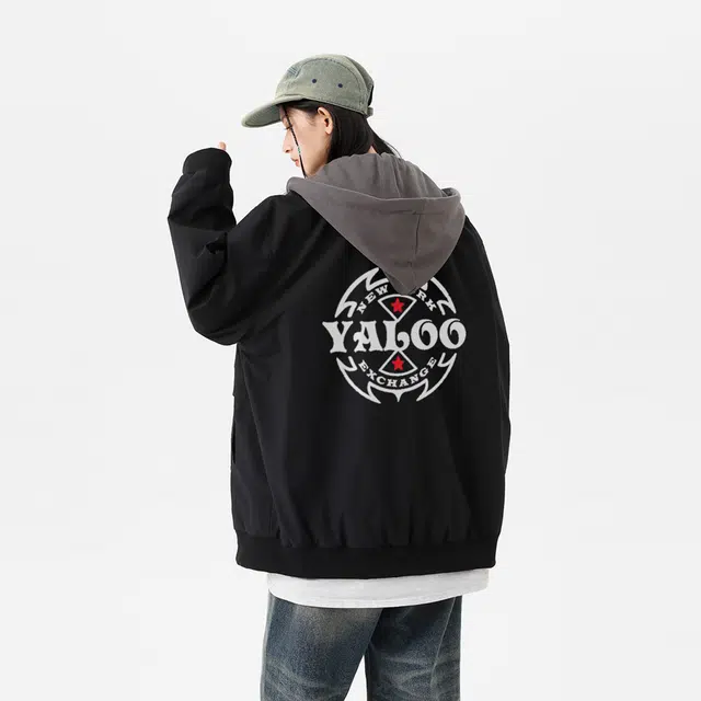 雅鹿 美式复古图案字母印花假两件拼接宽松落肩连帽夹克外套 男女同款