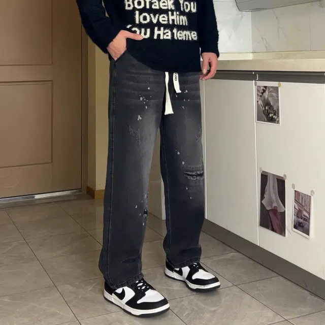 雅鹿 美式复古水洗做旧高街破洞直筒宽松阔腿休闲牛仔裤 男女同款