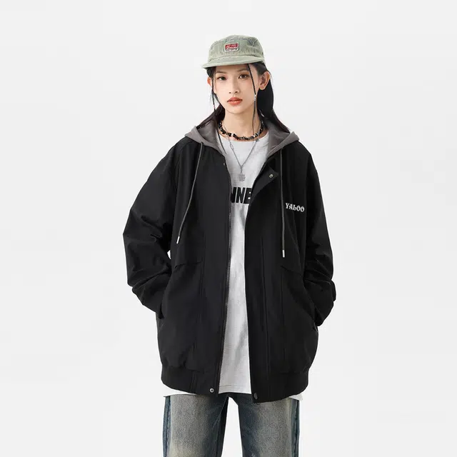 雅鹿 美式复古图案字母印花假两件拼接宽松落肩连帽夹克外套 男女同款