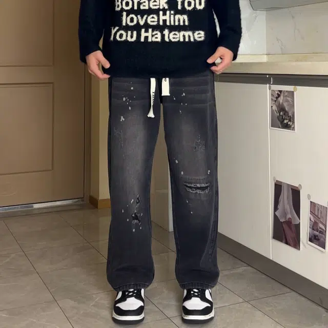 雅鹿 美式复古水洗做旧高街破洞直筒宽松阔腿休闲牛仔裤 男女同款