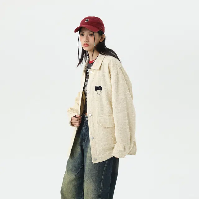 雅鹿 复古小香风提花格纹磨毛纹理宽松休闲单排扣翻领夹克外套 男女同款