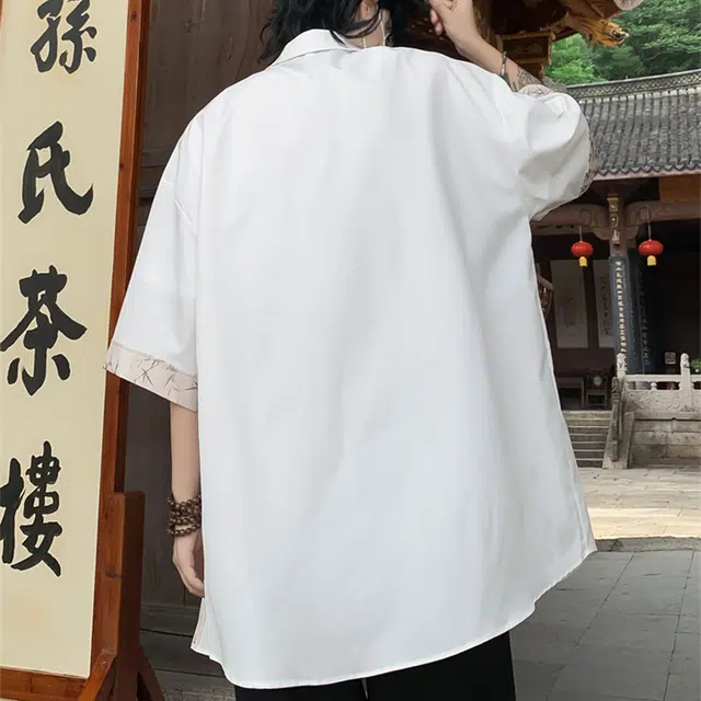 雅鹿 新中式国潮复古水墨画拼接竹叶透气冰感别针纽扣宽松休闲翻领短袖衬衫 男女同款