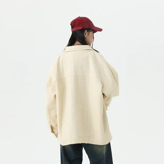 雅鹿 复古小香风提花格纹磨毛纹理宽松休闲单排扣翻领夹克外套 男女同款