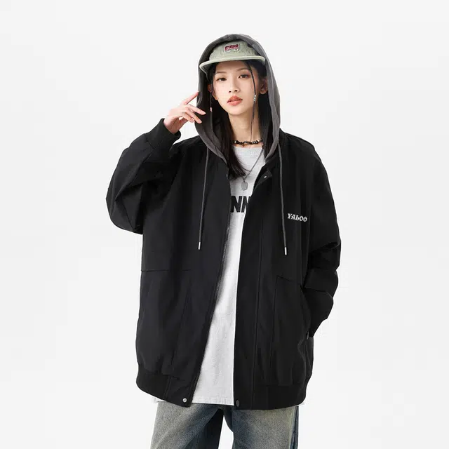 雅鹿 美式复古图案字母印花假两件拼接宽松落肩连帽夹克外套 男女同款