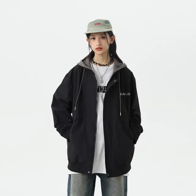 雅鹿 美式基础简约字母印花宽松休闲拼接工装假两件连帽夹克外套 男女同款