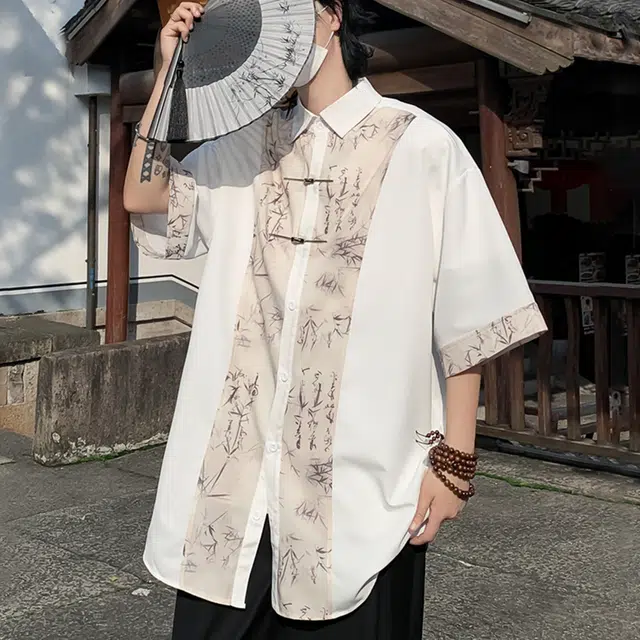雅鹿 新中式国潮复古水墨画拼接竹叶透气冰感别针纽扣宽松休闲翻领短袖衬衫 男女同款