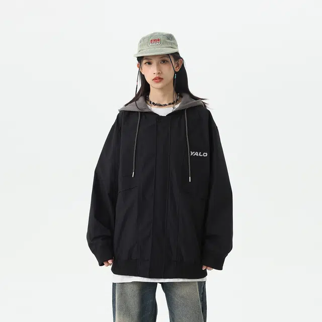 雅鹿 美式基础简约字母印花宽松休闲拼接工装假两件连帽夹克外套 男女同款