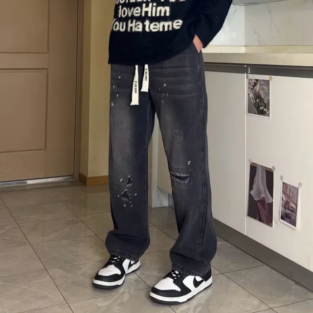 雅鹿 美式复古水洗做旧高街破洞直筒宽松阔腿休闲牛仔裤 男女同款