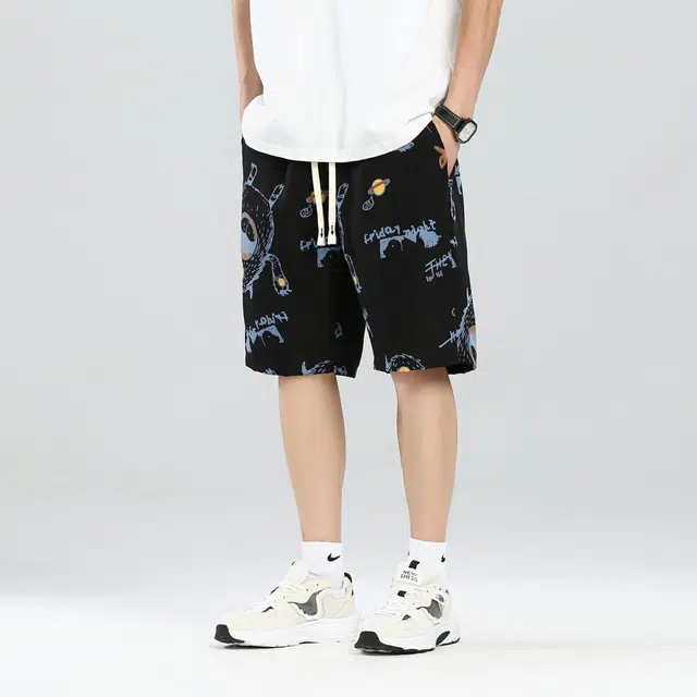 雅鹿 街头纯色基础款简约透气舒适垂感沙滩满印松紧五分休闲短裤 男女同款