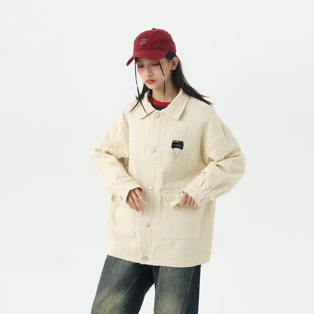 雅鹿 复古小香风提花格纹磨毛纹理宽松休闲单排扣翻领夹克外套 男女同款