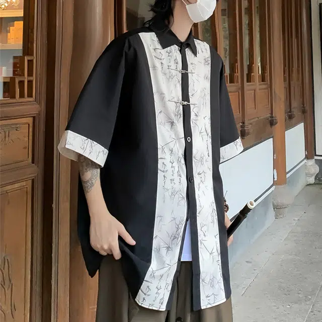 雅鹿 新中式国潮复古水墨画拼接竹叶透气冰感别针纽扣宽松休闲翻领短袖衬衫 男女同款