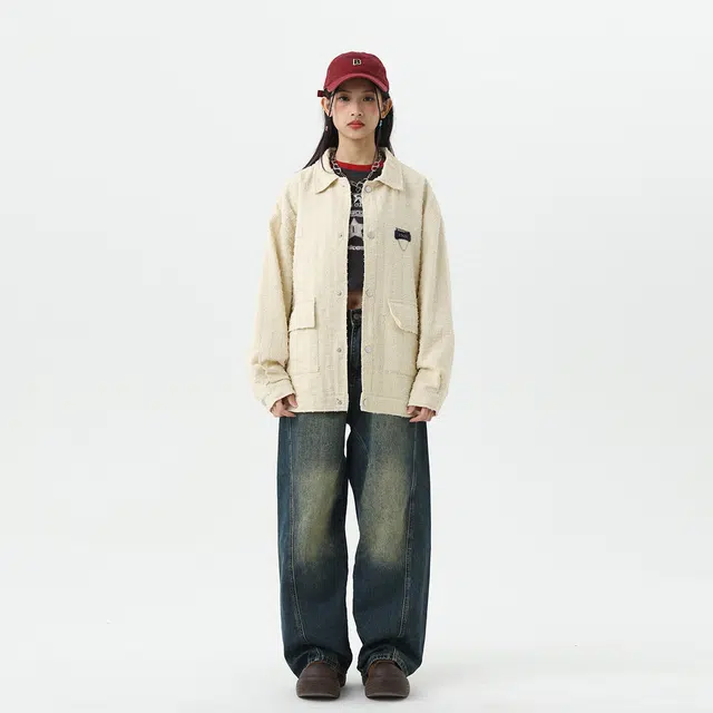 雅鹿 复古小香风提花格纹磨毛纹理宽松休闲单排扣翻领夹克外套 男女同款