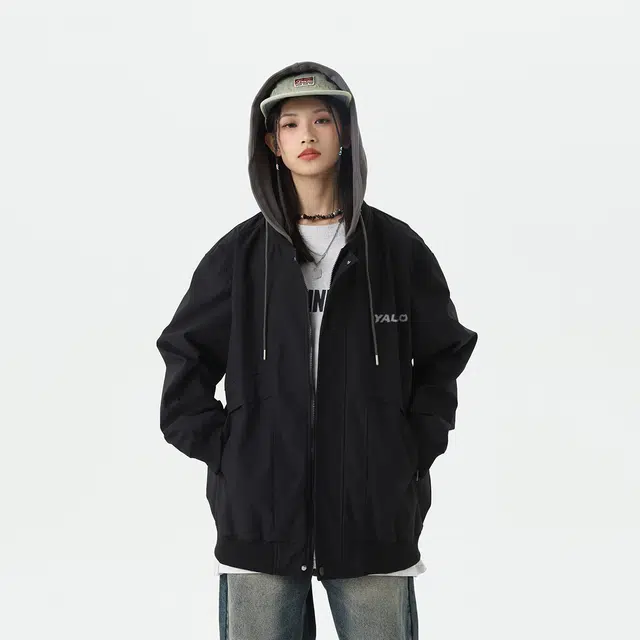 雅鹿 美式基础简约字母印花宽松休闲拼接工装假两件连帽夹克外套 男女同款